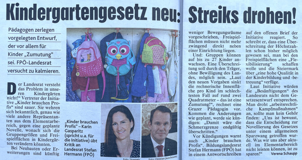 Kindergartengesetz neu: Streiks drohen! (Kronenzeitung 18.5.2026)